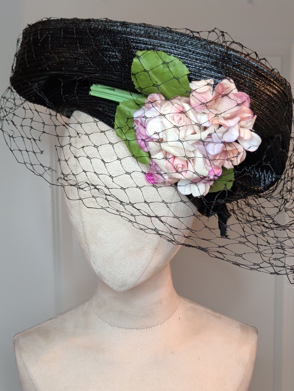 Vintage 60s Black Straw Gainsborough Hat Pink Floral Kentucky Derby Large Brim